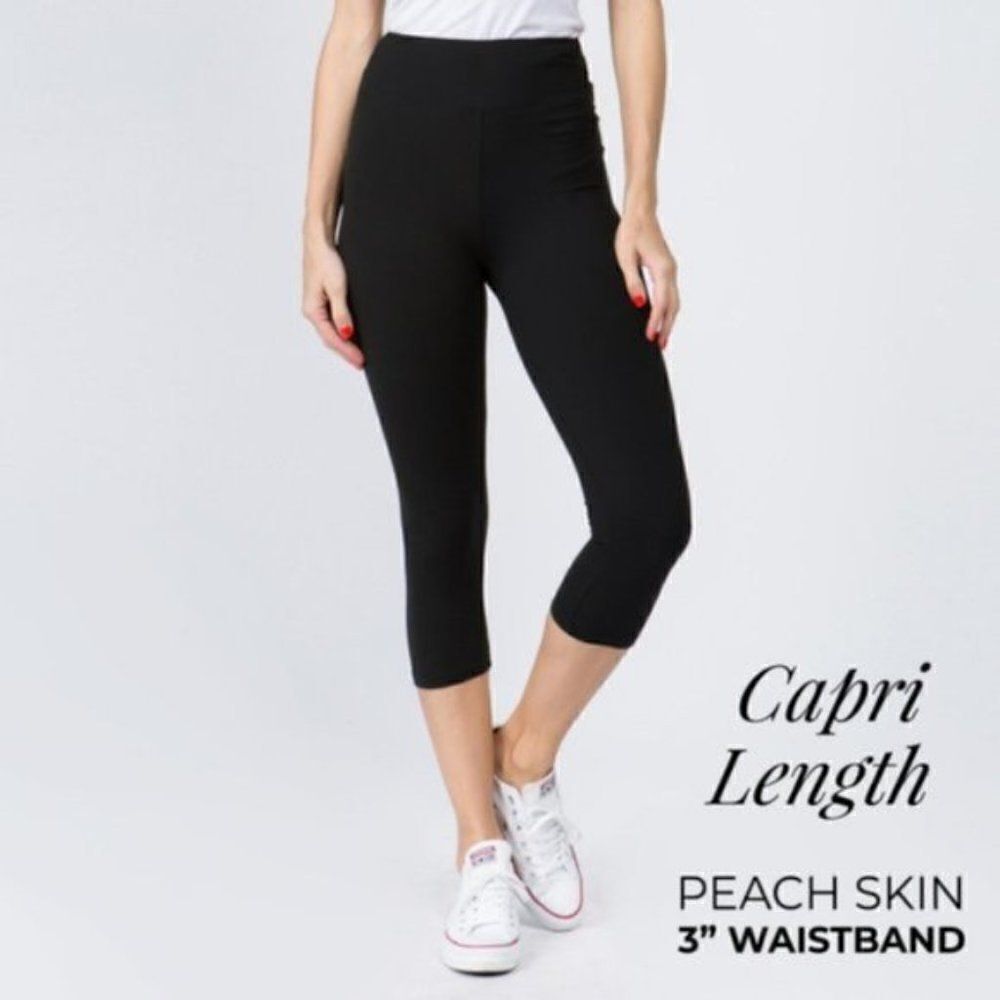 Peach Skin Capri 3 inch Waistband Black Leggings.